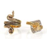 A yellow metal serpent ring set cubic zirconia, 8.1 gms and a further Grecian key type ring (2)