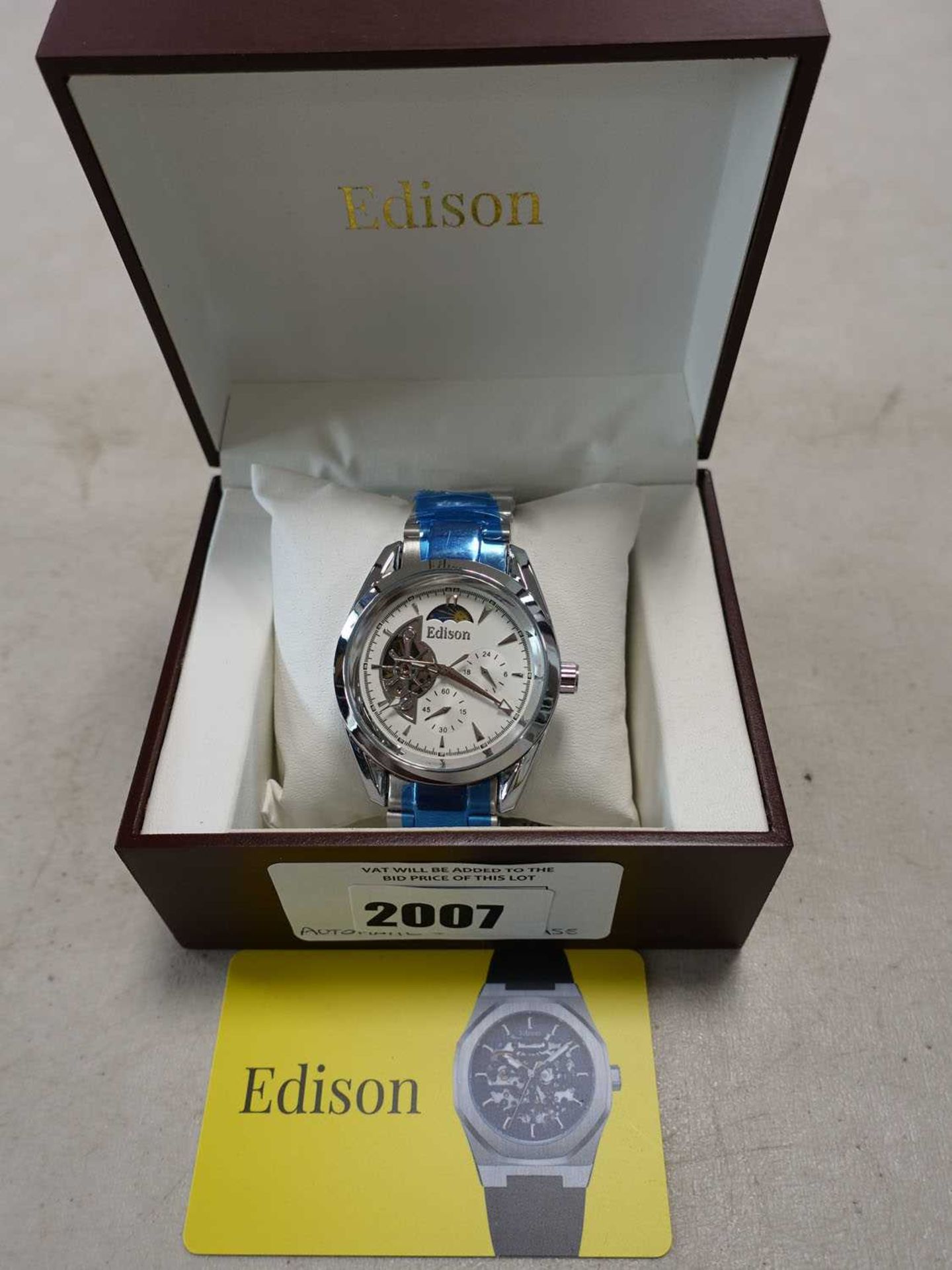 +VAT Edison automatic moon phase dial stainless steel strap wristwatch with box