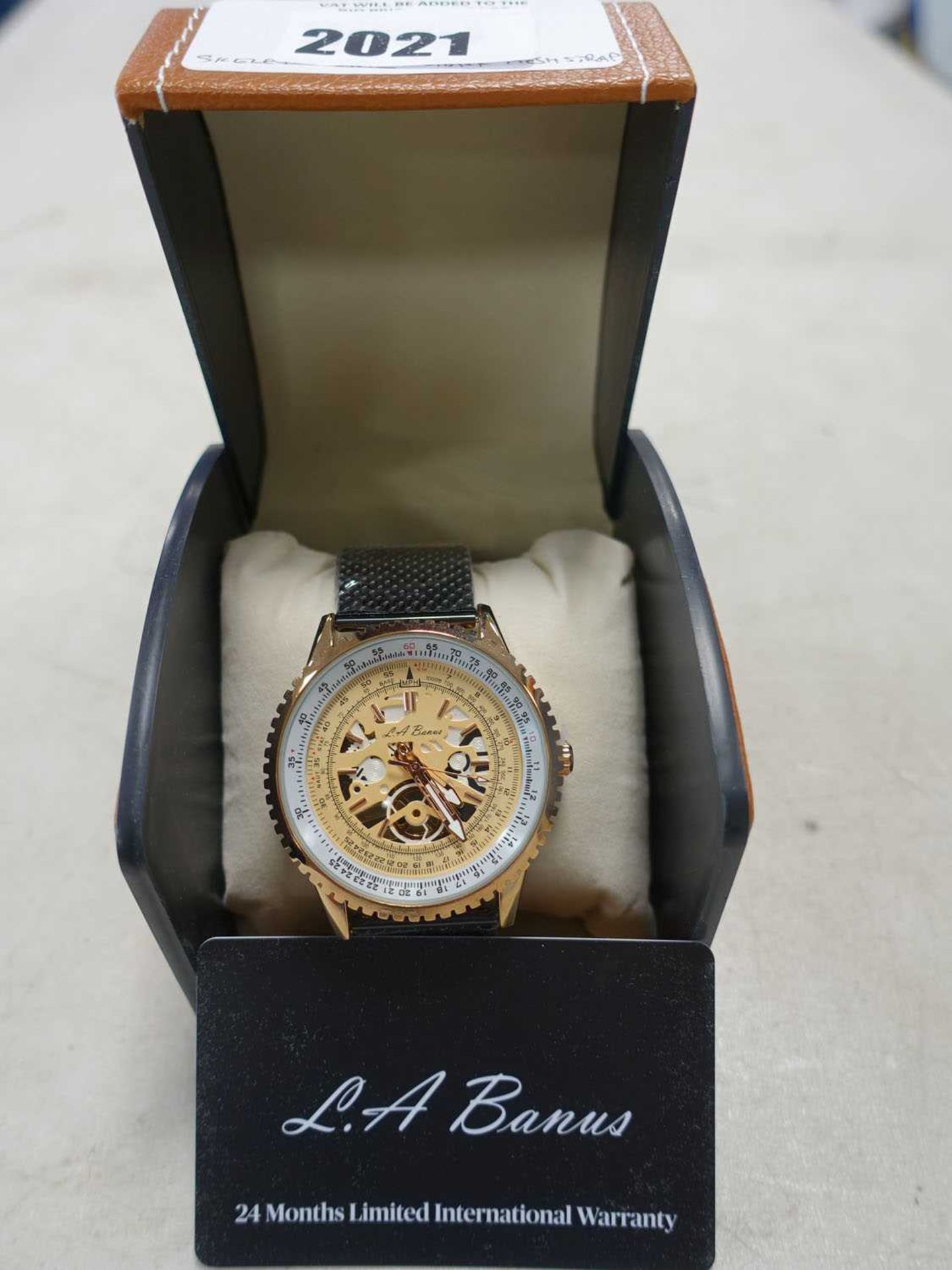 +VAT LA Banus skeleton dial and shark mesh strap watch with box