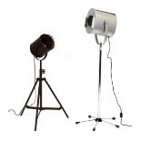 A vintage Furse theatre spotlight on a straight shaft and splayed legs, together with a further