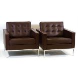 Florence Knoll for Knoll International, a pair of brown leather button upholstered armchairs on