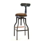 A grey enamelled machinist's stool with T-bar back, tan seat and adjustable height*Sold subject to