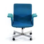 A Danish office elbow chair by Jorgen Rasmussen with turquoise fabric upholstery on a four-star base