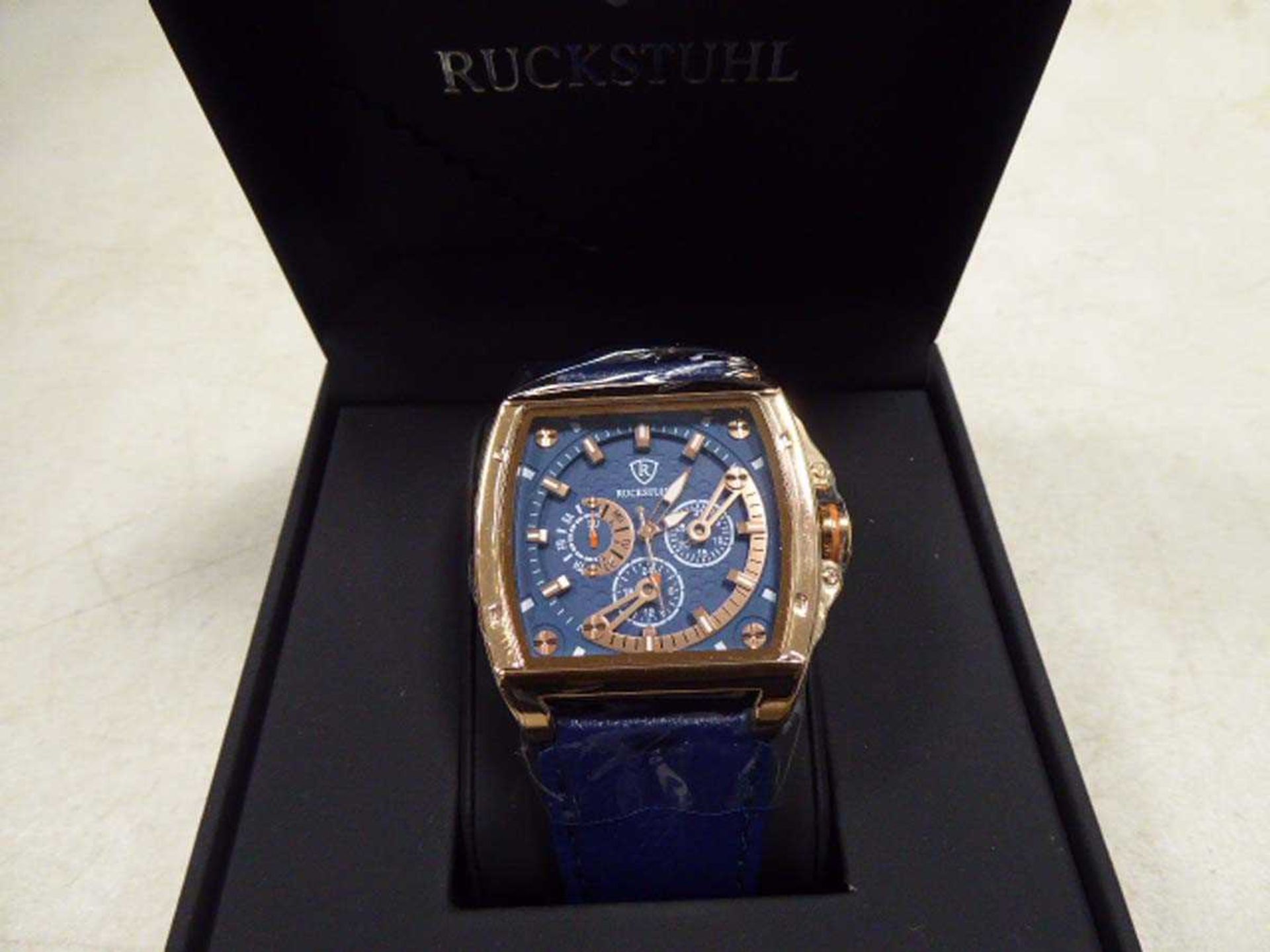 +VAT Ruckstuhl chronograph dial blue leather strap wrist watch with box - Image 2 of 2