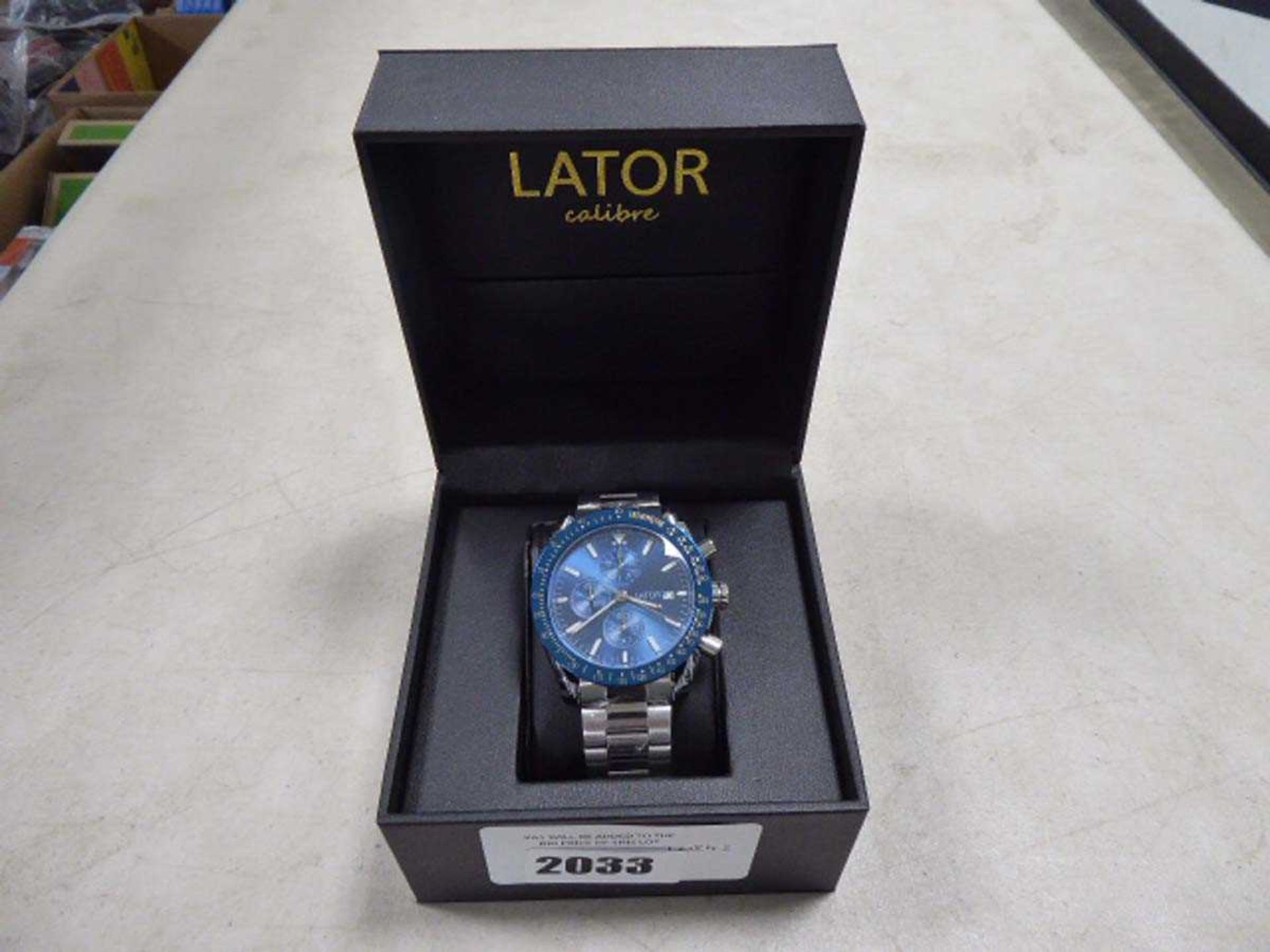 +VAT Lator Calibre stainless steel strap chronograph dial wrist watch with box