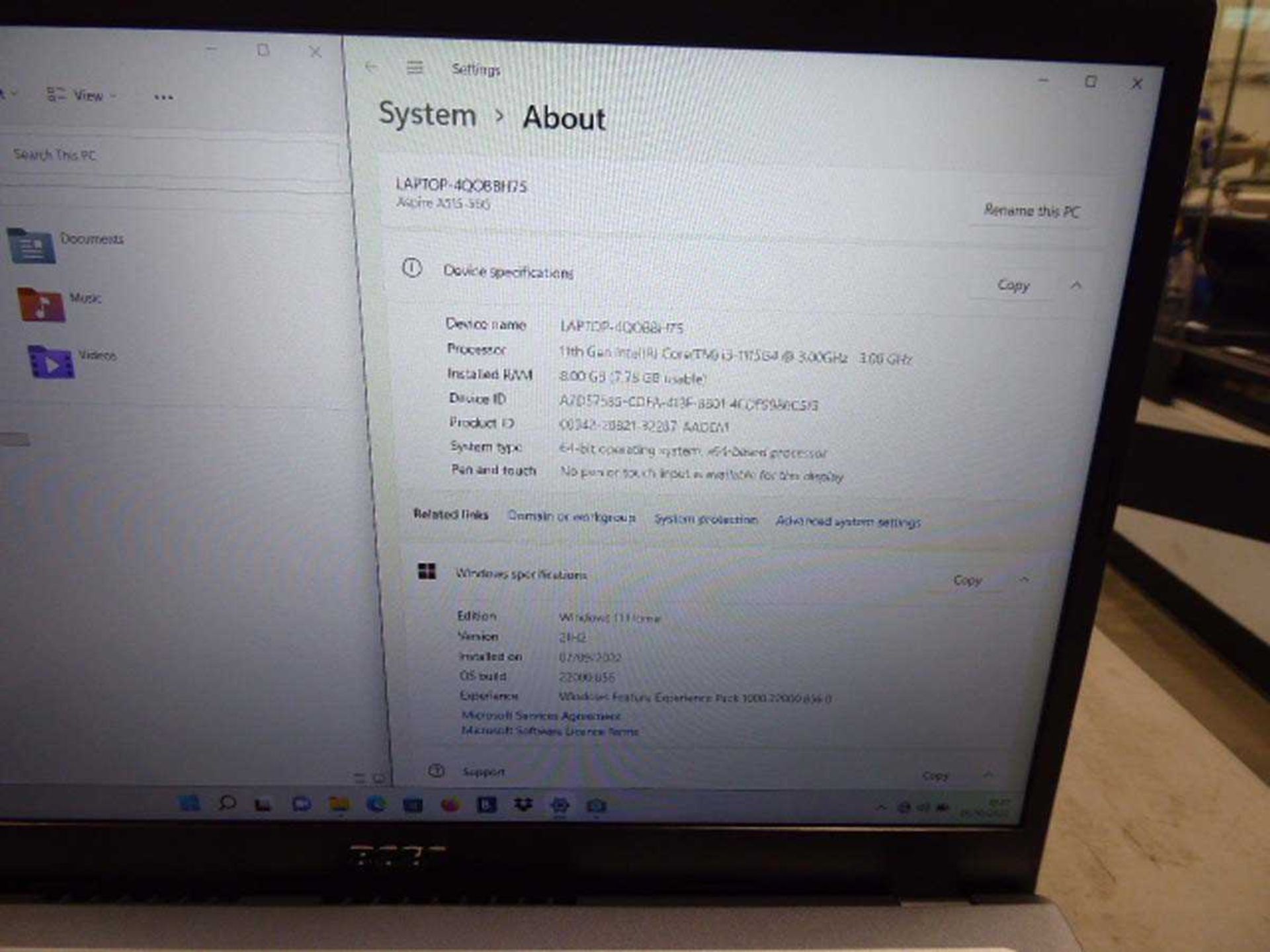 +VAT Acer Aspire 5 laptop, Intel core i3 11th gen cpu, 8gb ram, 256gb storage running Windows 11 - Image 2 of 2