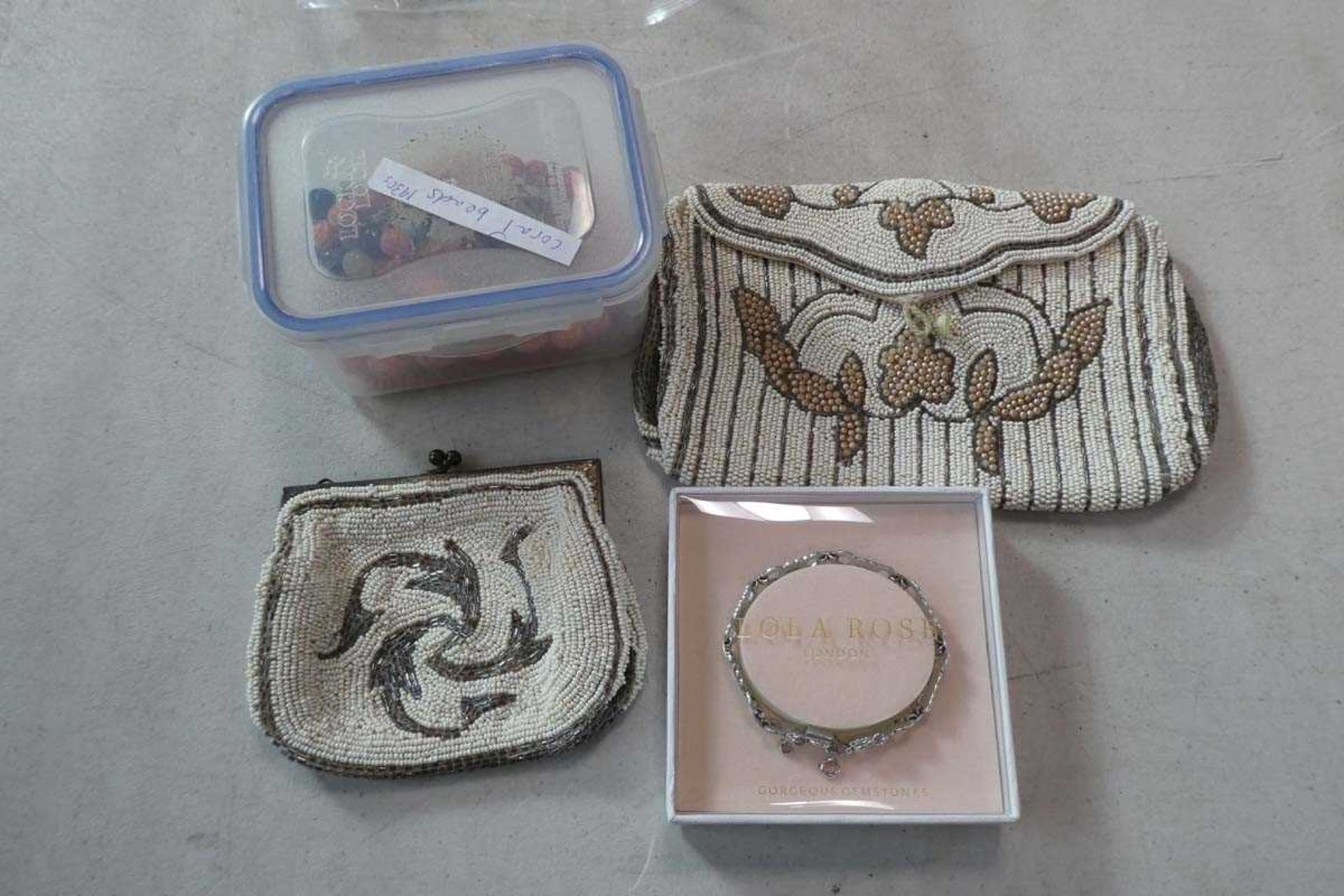 A French 1930's purse and dance bag, together with a group of mid-20th bead necklaces and similar