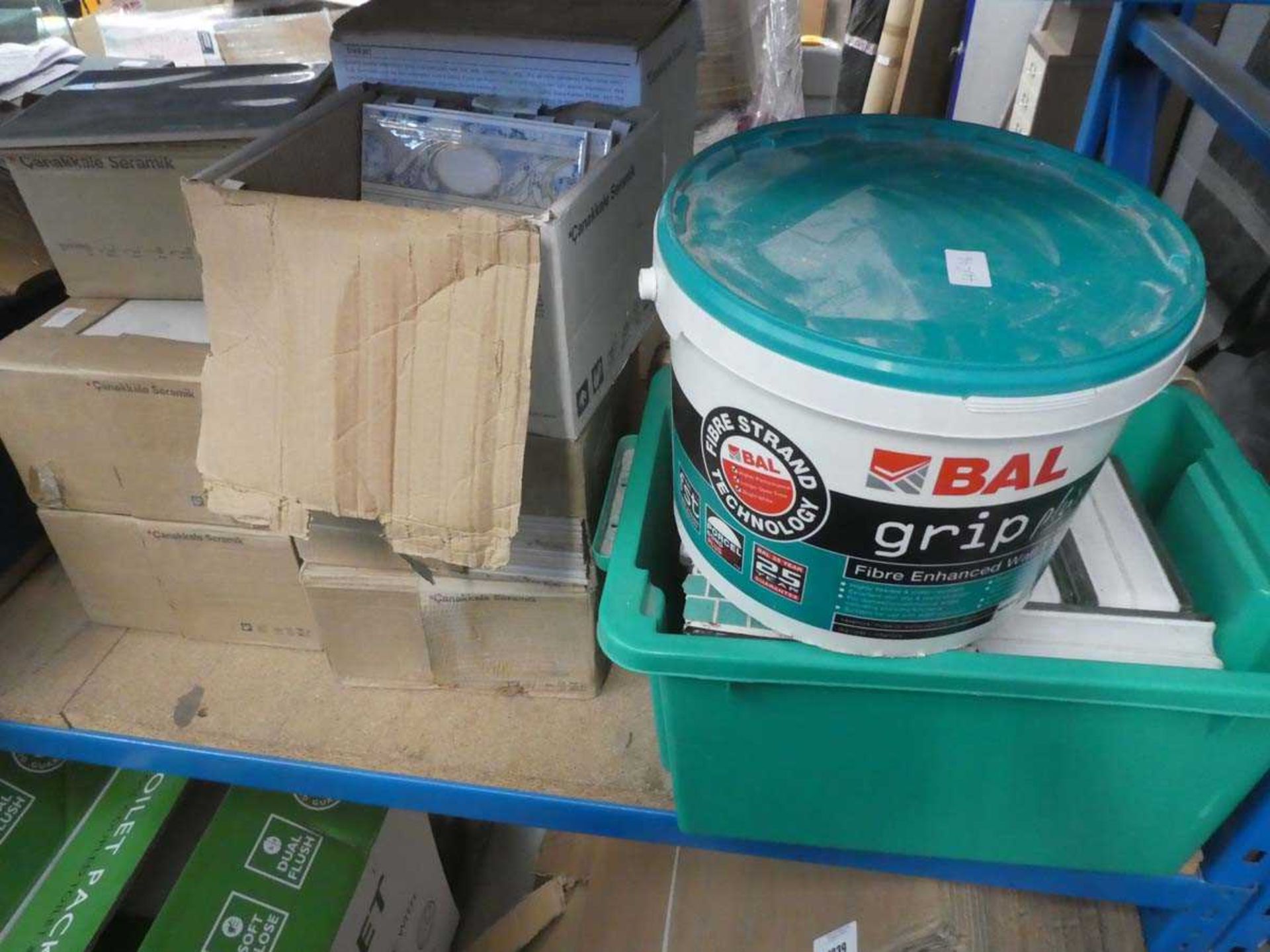 Quantity of assorted tiles, glass blocks and wall tile adhesive