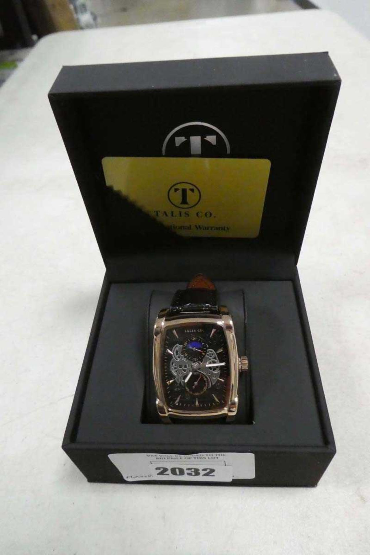 +VAT Talis Co moon phase black leather strap dialed wristwatch