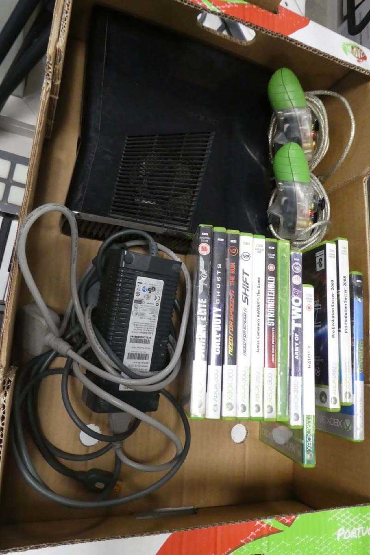 X Box 360 console with various games and power supply and controllers