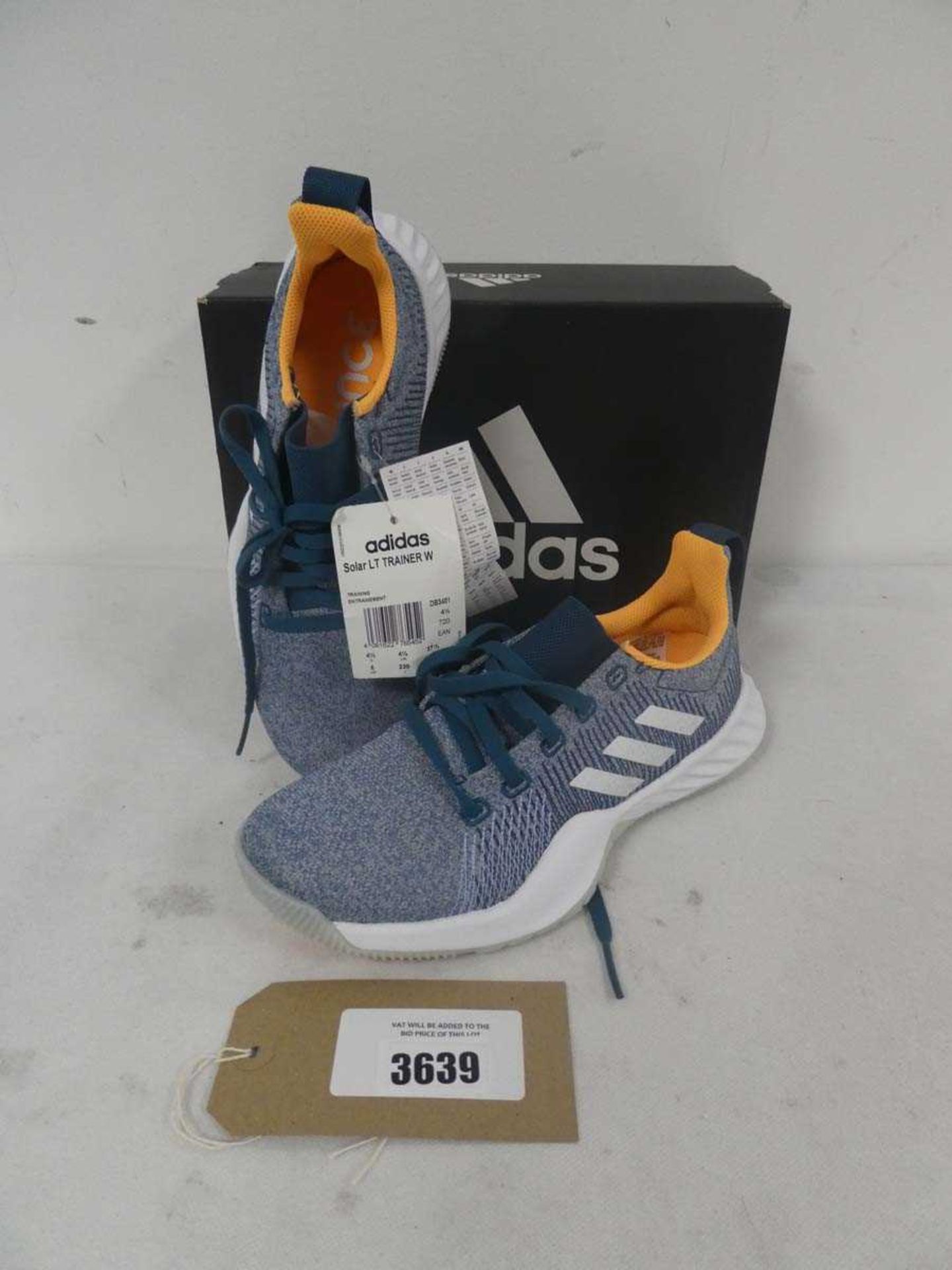 +VAT Boxed pair of Adidas ladies solar LT trainer in blue size UK 4.5