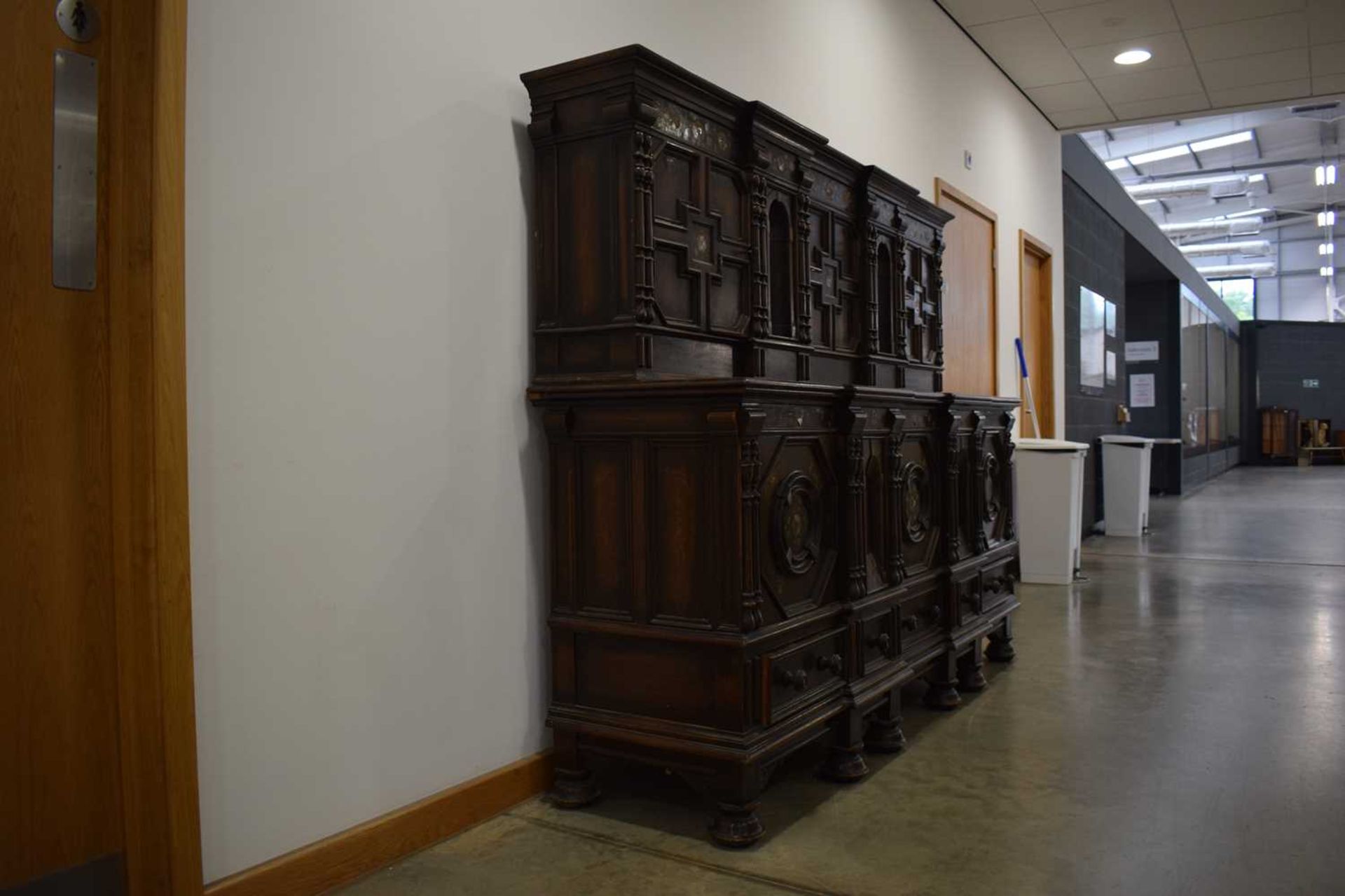 A 1920/30's oak court cupboard decorated with mother-of-pearl floral motifs, the body with an - Image 3 of 3