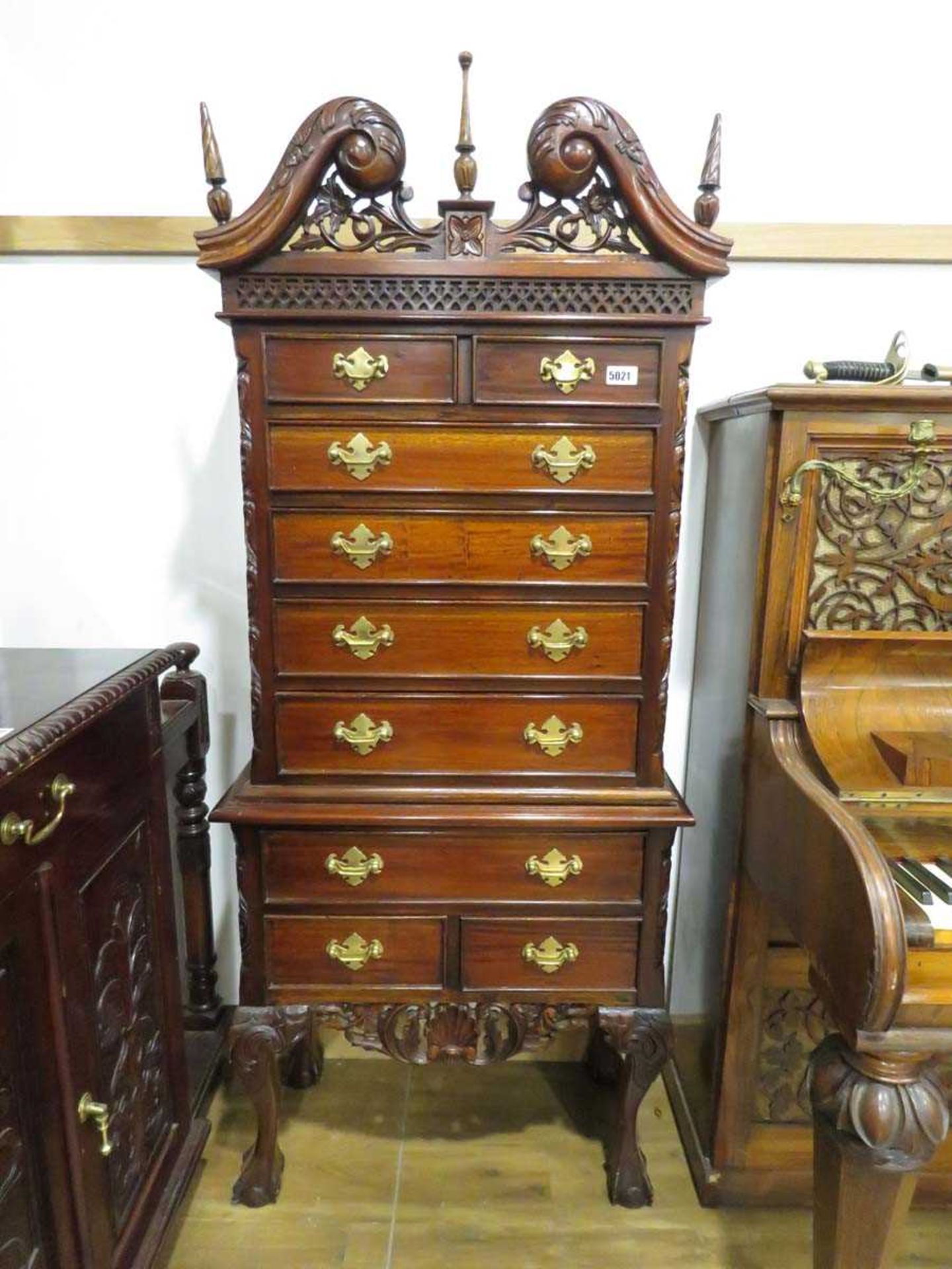 Reproduction hardwood chest on stand, on ball and claw supports