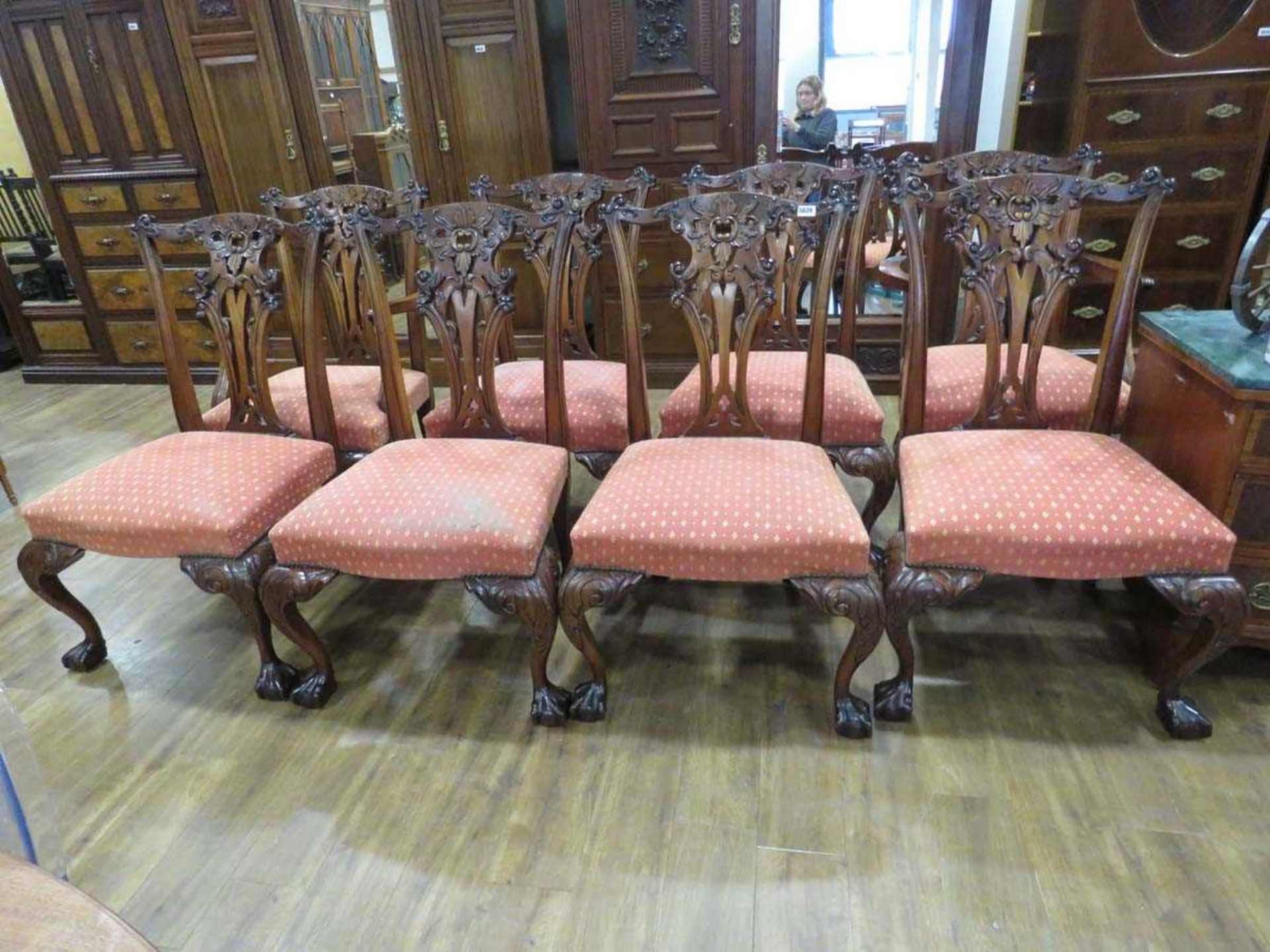 Eight (6+2) Hepplewhite-style red upholstered mahogany dining chairs