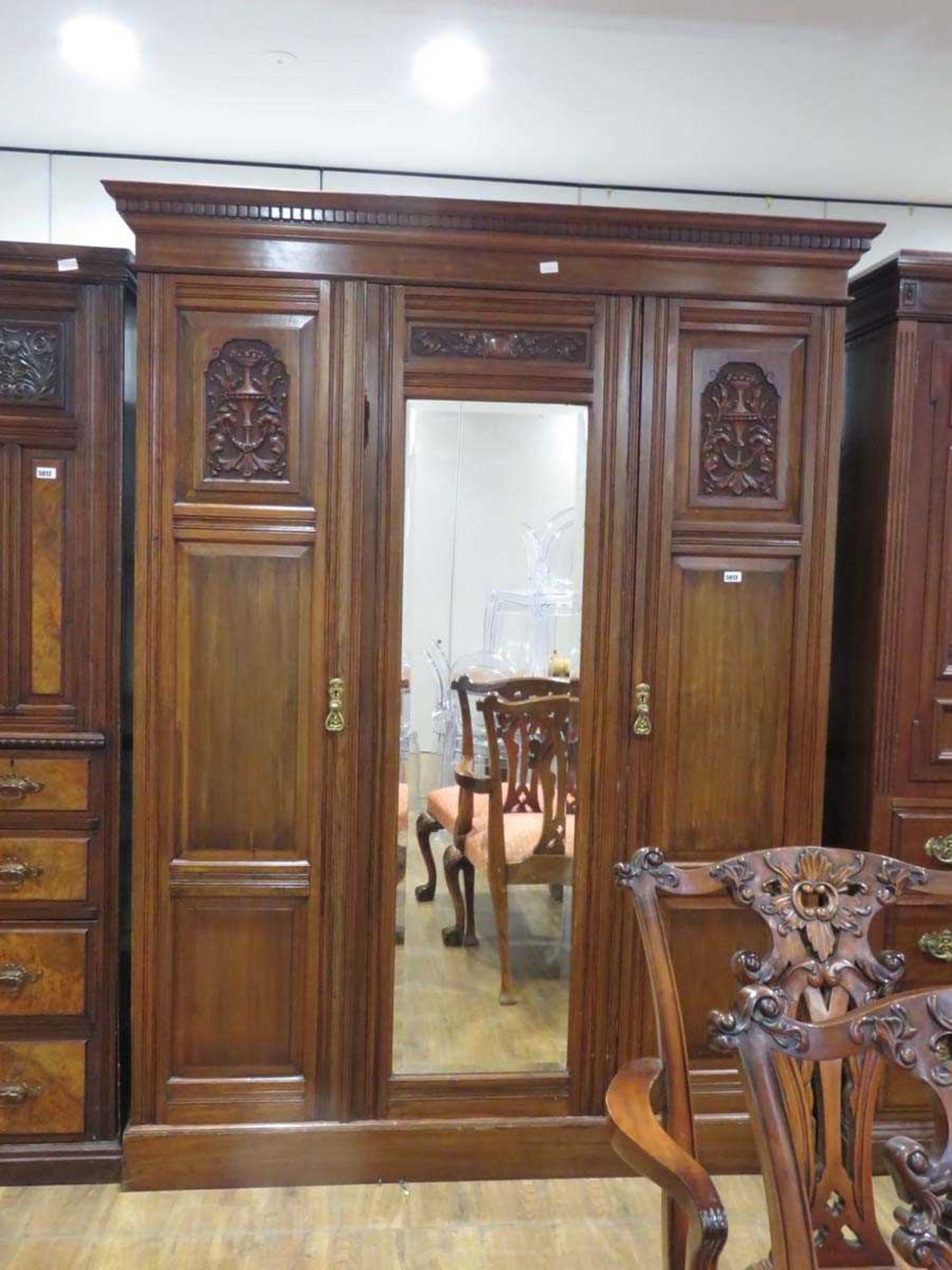 Edwardian mahogany triple wardrobe with central mirrored panel