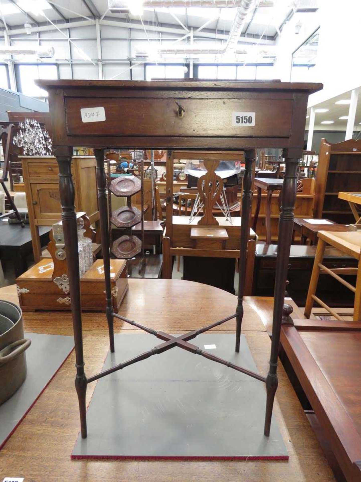 Mahogany inlaid single drawer work table on slender frame