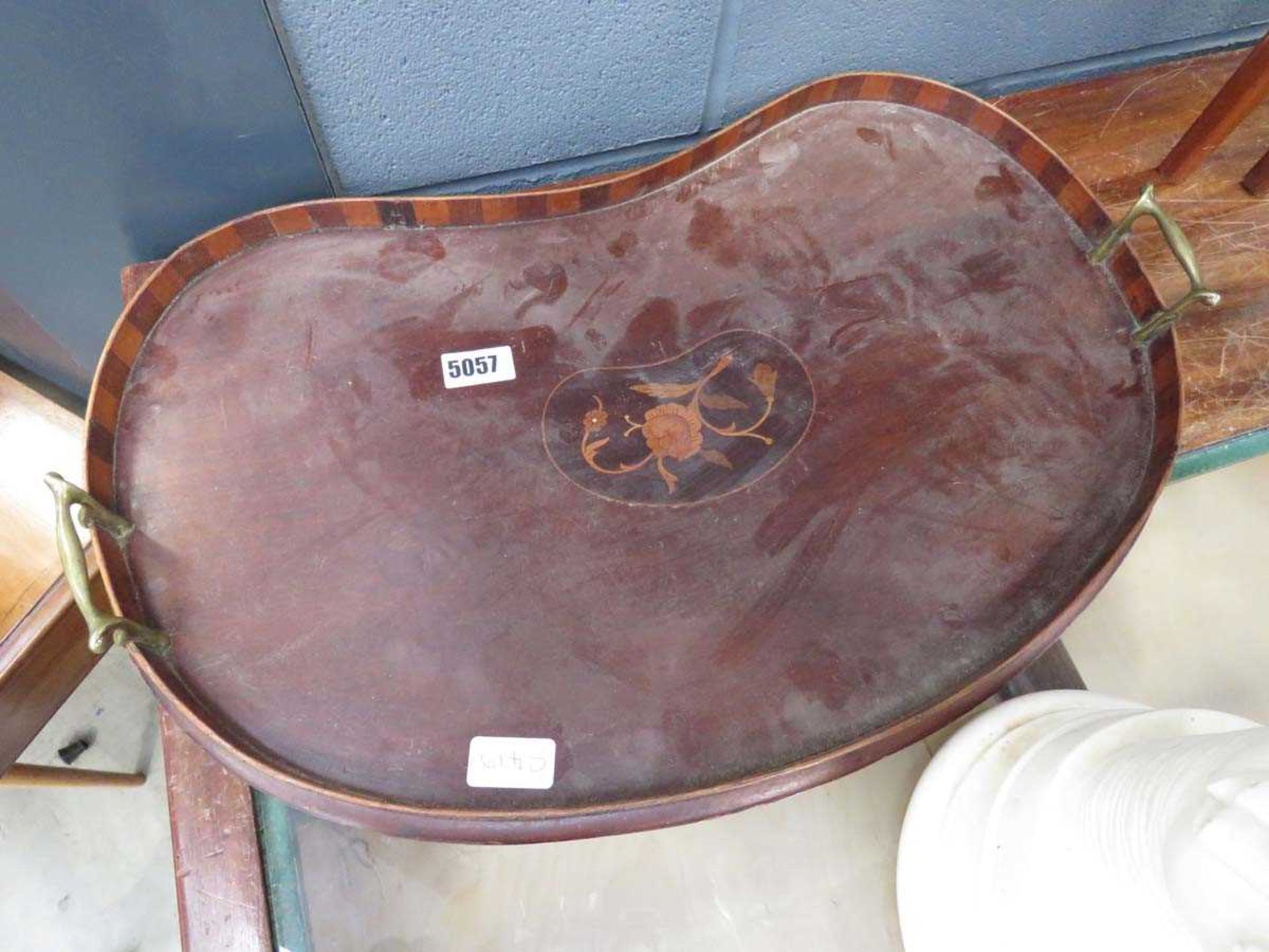 Inlaid kidney shaped serving tray with brass handles