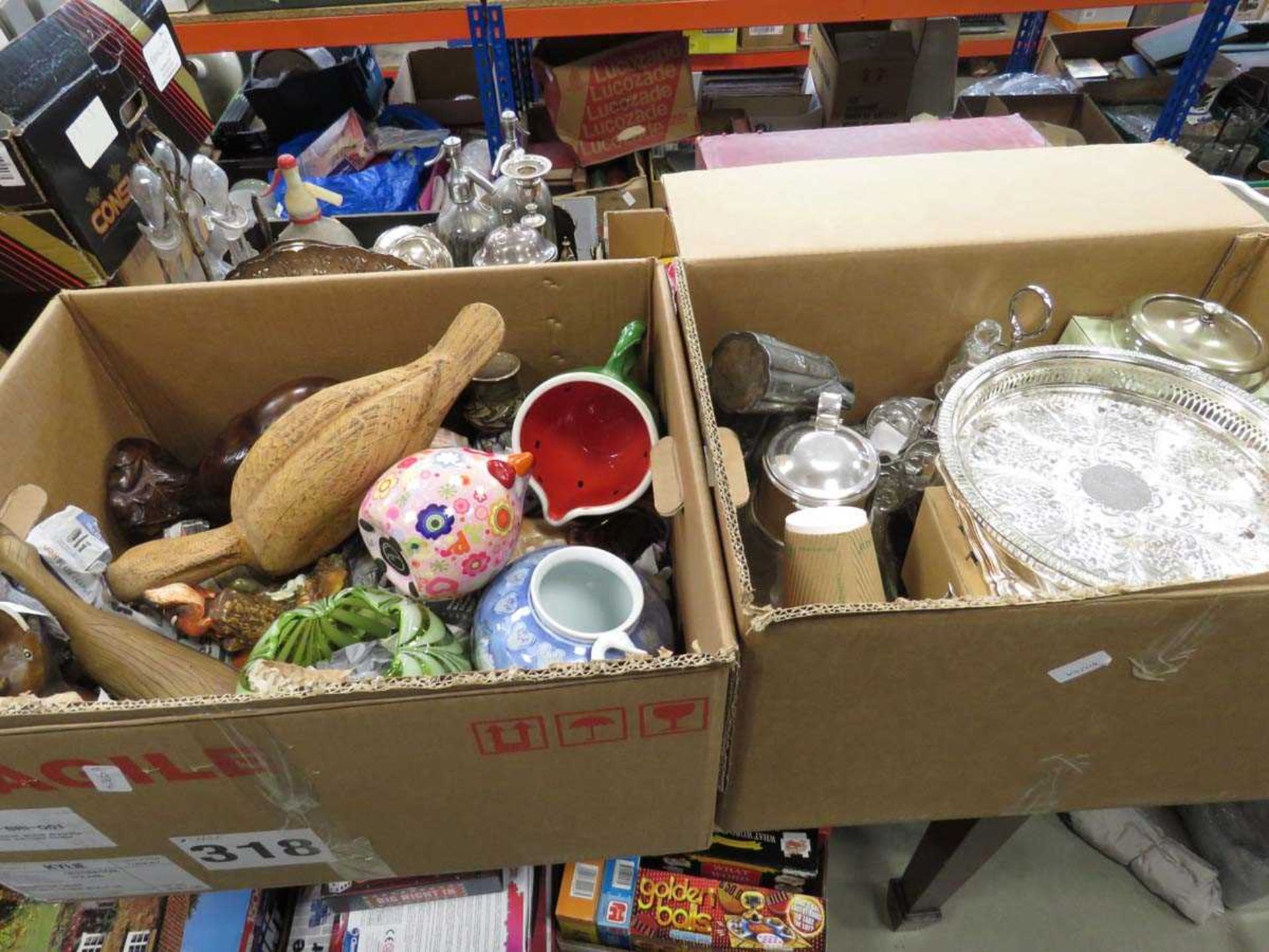 2 boxes containing silver plate, cruet set, jugs, ornamental animal figures, bowls and vases