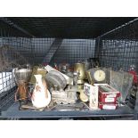 Cage containing a stainless steel tea service, clocks, ornaments, brass tankard and loose cutlery