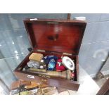 Victorian box with quantity of collectables to include miniature portrait, oriental silk slippers,