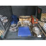 Cage containing loose and boxed cutlery, ash trays, vases and a sandwich dish