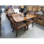 Walnut Sutherland table plus four pink upholstered chairs