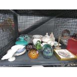 Cage containing paperweights, ornamental goose, glass baskets, jug and general china