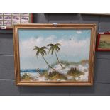 Oil on board of tropical beach with palm trees