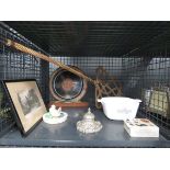 Cage containing a carpet beater, print, brass cribbage board, cornflour pattern dish and an ink