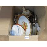 Box containing Jasperware, crockery, brass trivet and ornamental dog figures