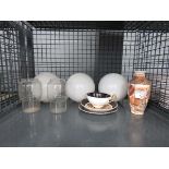 Cage containing three globe shaped lamp shades, Satsuma vase, cup and saucer and two glass vases