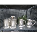 Cage containing a lemonade jug and tumblers plus pewter ale mugs