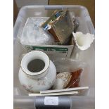 Box containing ornamental figures, wine glasses, vase and loose cutlery
