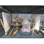 Cage containing a rose sprayer, prints, silver plate, trivet and a glass lampshade