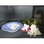 Cage containing a miniature spode wash jug and bowl, blue and white dish, miniature cup and saucer