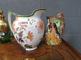 Floral patterned Doulton jug plus a Burleighware Old Feeding Time jug