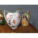 Floral patterned Doulton jug plus a Burleighware Old Feeding Time jug