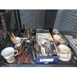 Cage containing loose and boxed cutlery plus commemorative mugs and saucers