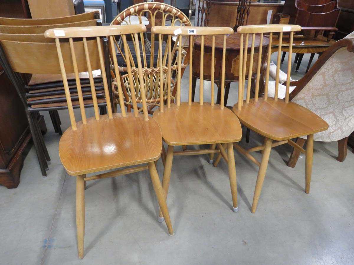 3 x Ercol style elm seated stick back chairs
