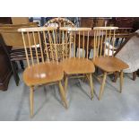 3 x Ercol style elm seated stick back chairs
