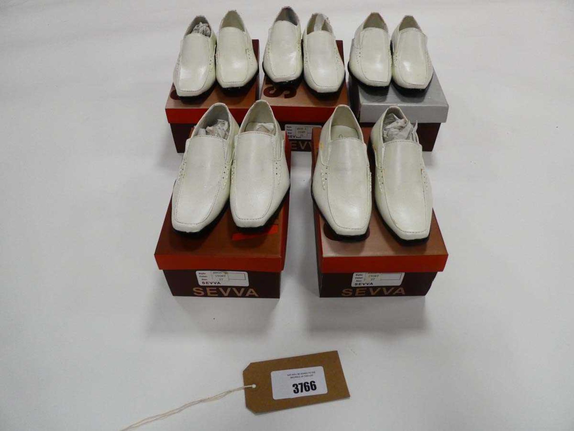 Five pairs of Sevva white children's loafers, all size 27, with boxes and dustbags (bagged)