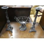 (3) Pewter fruit bowl plus a pair of candle sticks with reeded columns
