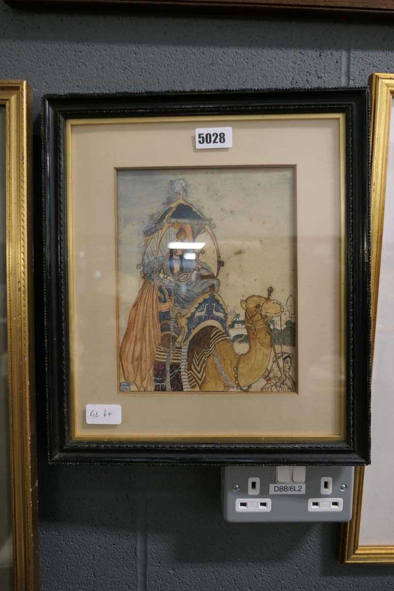 Framed and glazed painting of a woman riding a camel