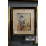 Framed and glazed painting of a woman riding a camel