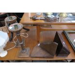 Tabletop stationery cabinet, pair of lamp bases and a corner shelf