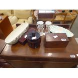 Pair of floral vases, a tobacco jar, tea caddy, wooden box, and a floral bowl