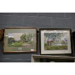 2 x framed and glazed watercolours, 1 x cottage scene and 1 x equestrian scene