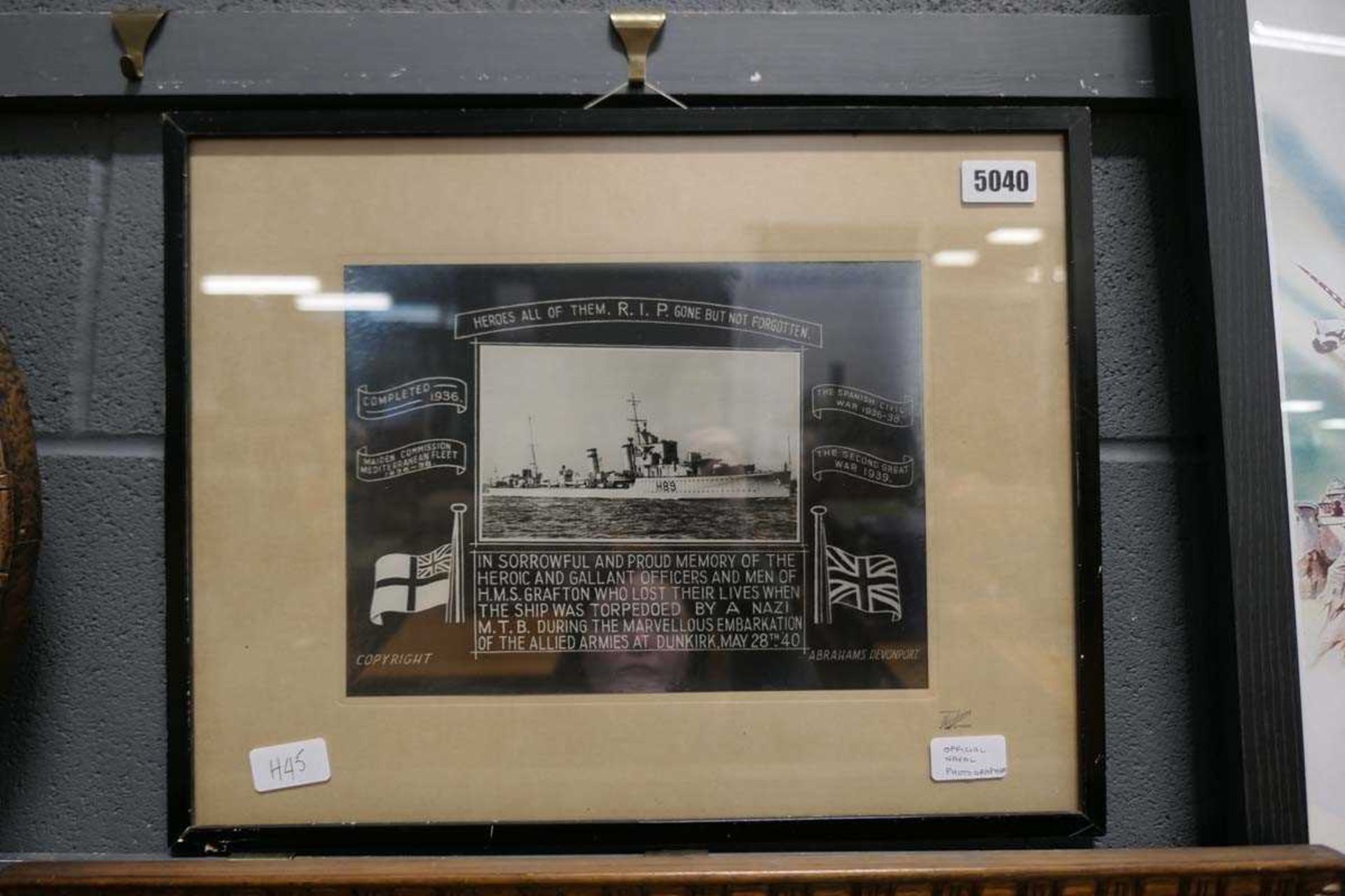 Framed and glazed Abrahams photograph depicting the HMS Grafton