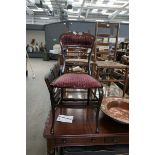 Edwardian mahogany and inlaid bedroom chair and 2 rush seated ladderback chairs