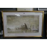 Frame and glazed monotone pen and watercolour river scape signed John Weber